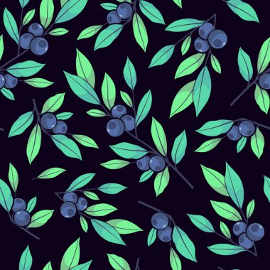 Yabanmersini pürüzsüz desen. Açık mavi yapraklı yabanmersini dalları. Ambalaj kağıdı, ambalaj, kumaş, tekstil için dut tasarımı.