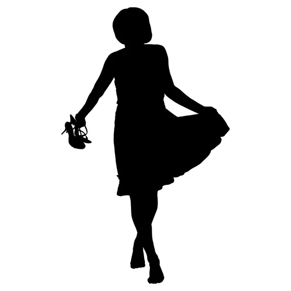 Mooie vrouw in jurk barefoot schoenen in handen op een witte achtergrond — Stockvector
