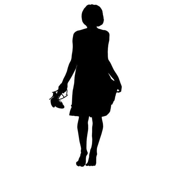 Belle femme en robe pieds nus avec des chaussures dans les mains sur un fond blanc — Image vectorielle