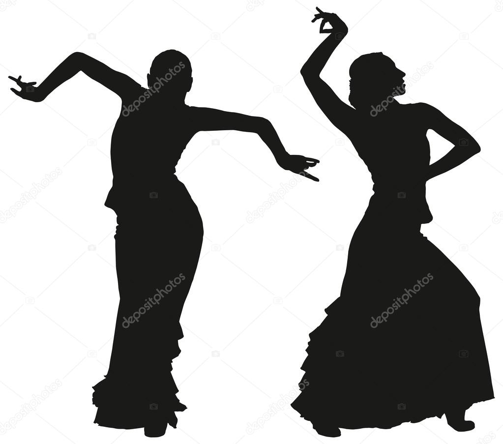 Two black silhouettes of female flamenco dancer