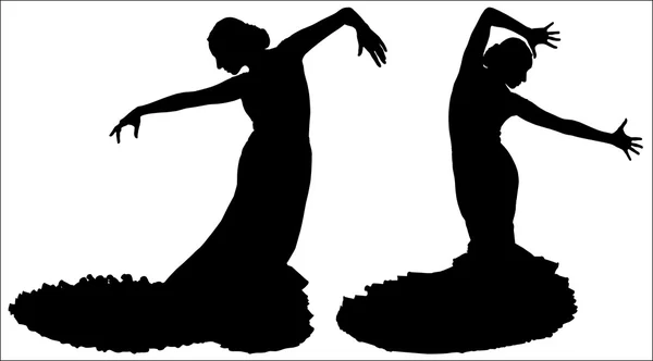 Duas silhuetas pretas de dançarina de flamenco feminina — Vetor de Stock