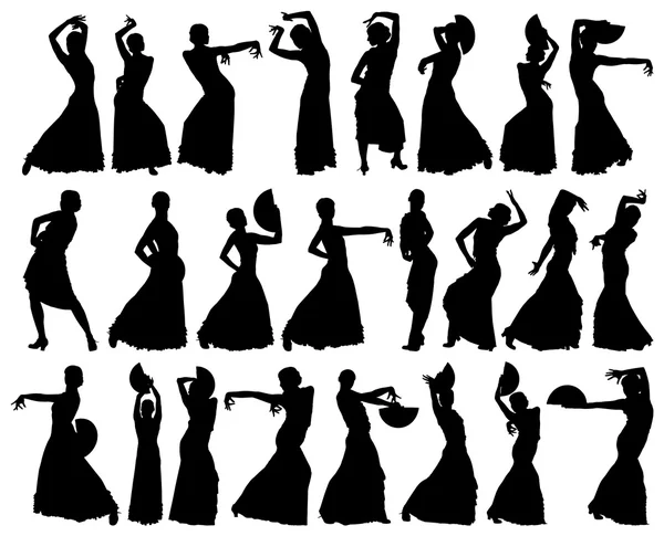Siluetas negras de bailarina de flamenco femenina — Vector de stock