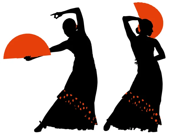 Duas silhuetas de dançarina de flamenco feminina — Vetor de Stock