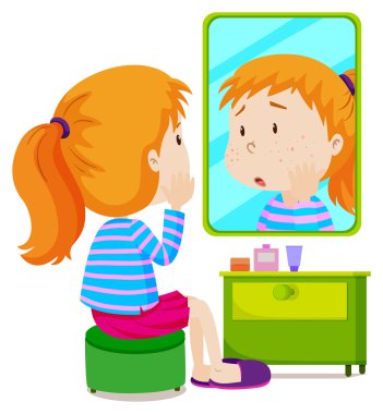 Girl with measels looking at mirror