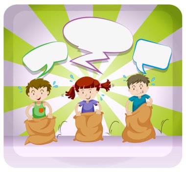 Üç çocuk çantalarda atlama