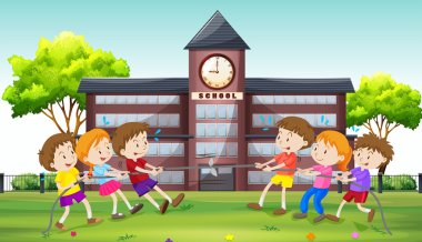 Children playing tug of war at school clipart