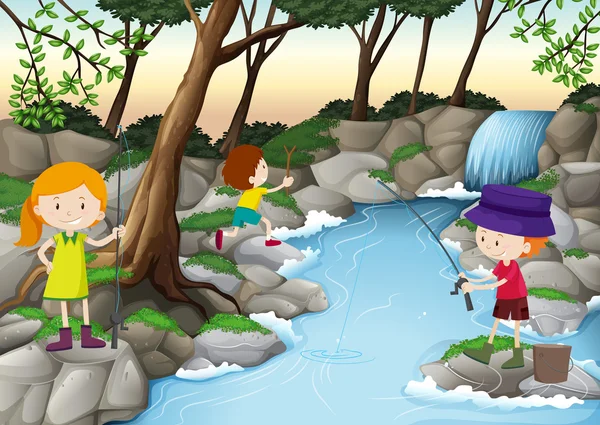 孩子们在河里钓鱼 — 图库矢量图片