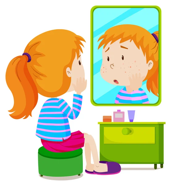 Girl with measels looking at mirror — Stock Vector