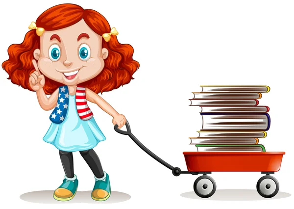 Menina puxando carrinho cheio de livros —  Vetores de Stock