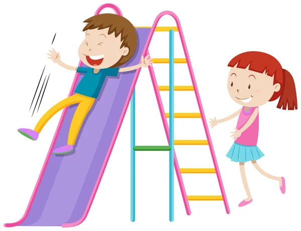 Menino e menina brincando no slide —  Vetores de Stock