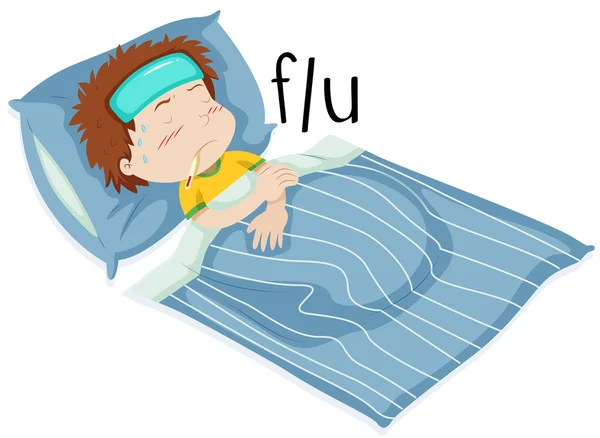 Niño en la cama con salida de humos — Vector de stock