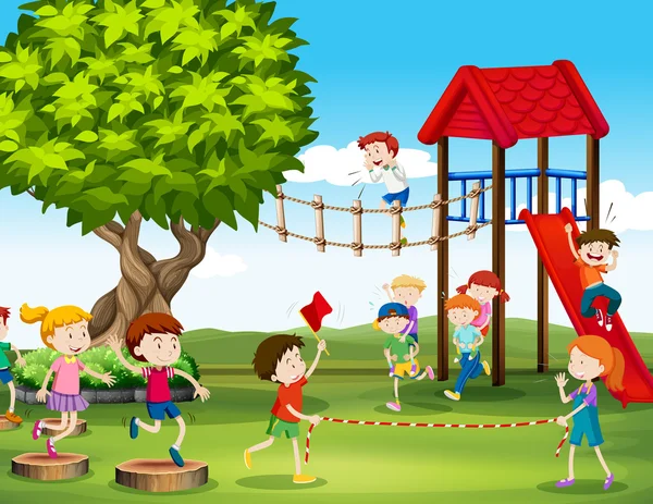 Kinder spielen und toben auf dem Spielplatz — Stockvektor