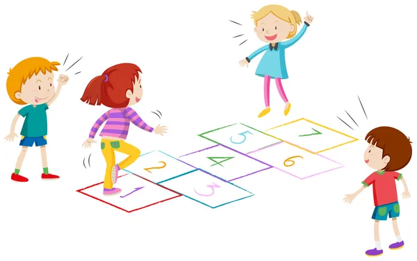 Meninos e meninas jogando hopscotch —  Vetores de Stock