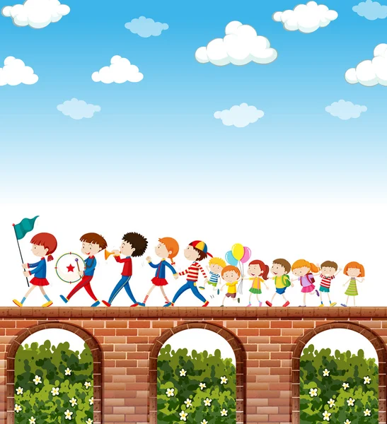 Bambini che marciano sul ponte — Vettoriale Stock