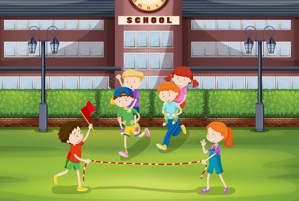 Boys and girls playing piggy back ride Stock Illustration