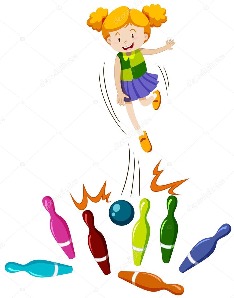 Girl throwing bowling ball at the pins — Stock Vector © blueringmedia