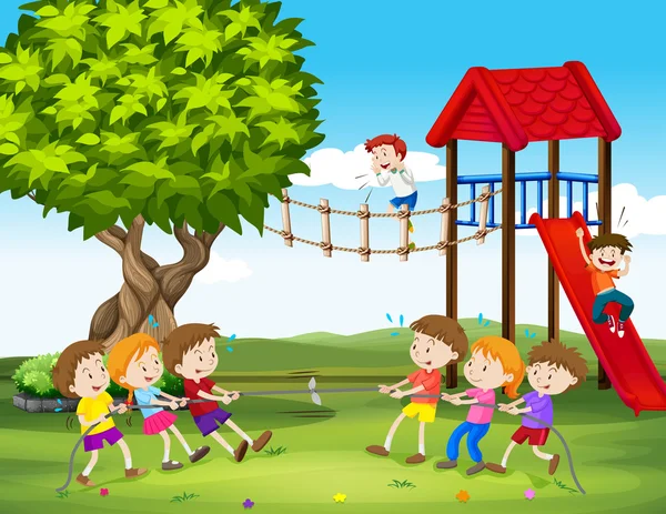 Children playing tug of war in the playground — Stock Vector