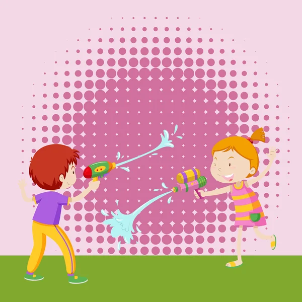 Jongen en meisje spelen met water gun automatische waterpistool — Stockvector