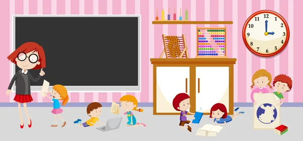 Children and teacher in classroom — Stock Vector