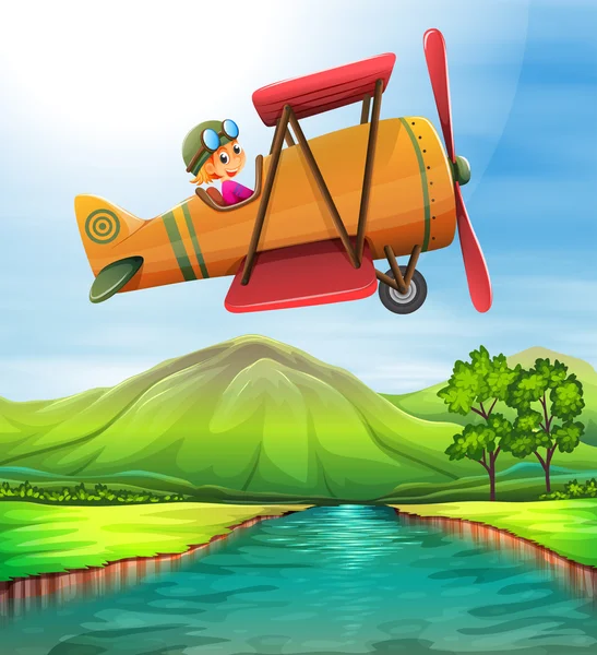 Girl flying airplane over the river — Stock Vector