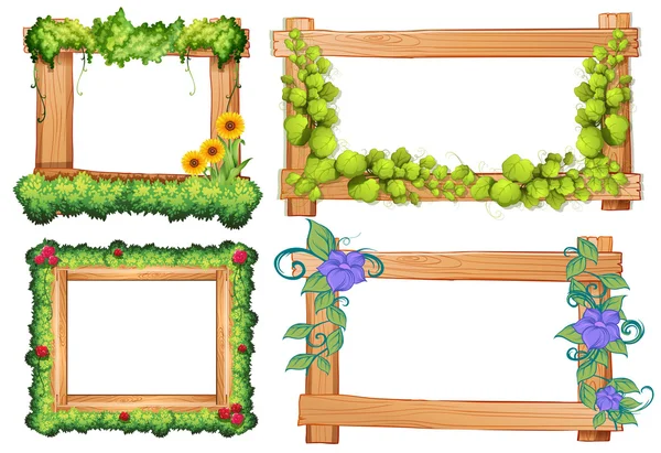 Cadres en bois avec vigne et fleurs — Image vectorielle
