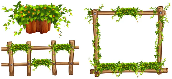 Wooden frame and fence with plants — Stock Vector