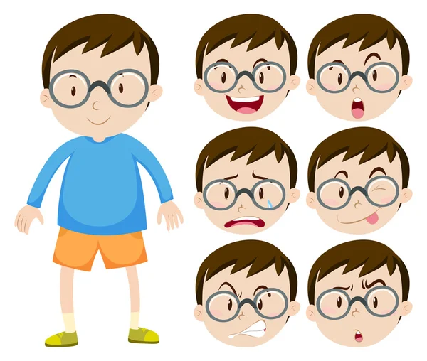 Kleine jongen met bril en vele gezichtsuitdrukkingen — Stockvector
