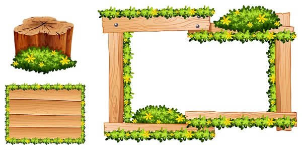 Marco de madera y tronco con flores amarillas — Vector de stock