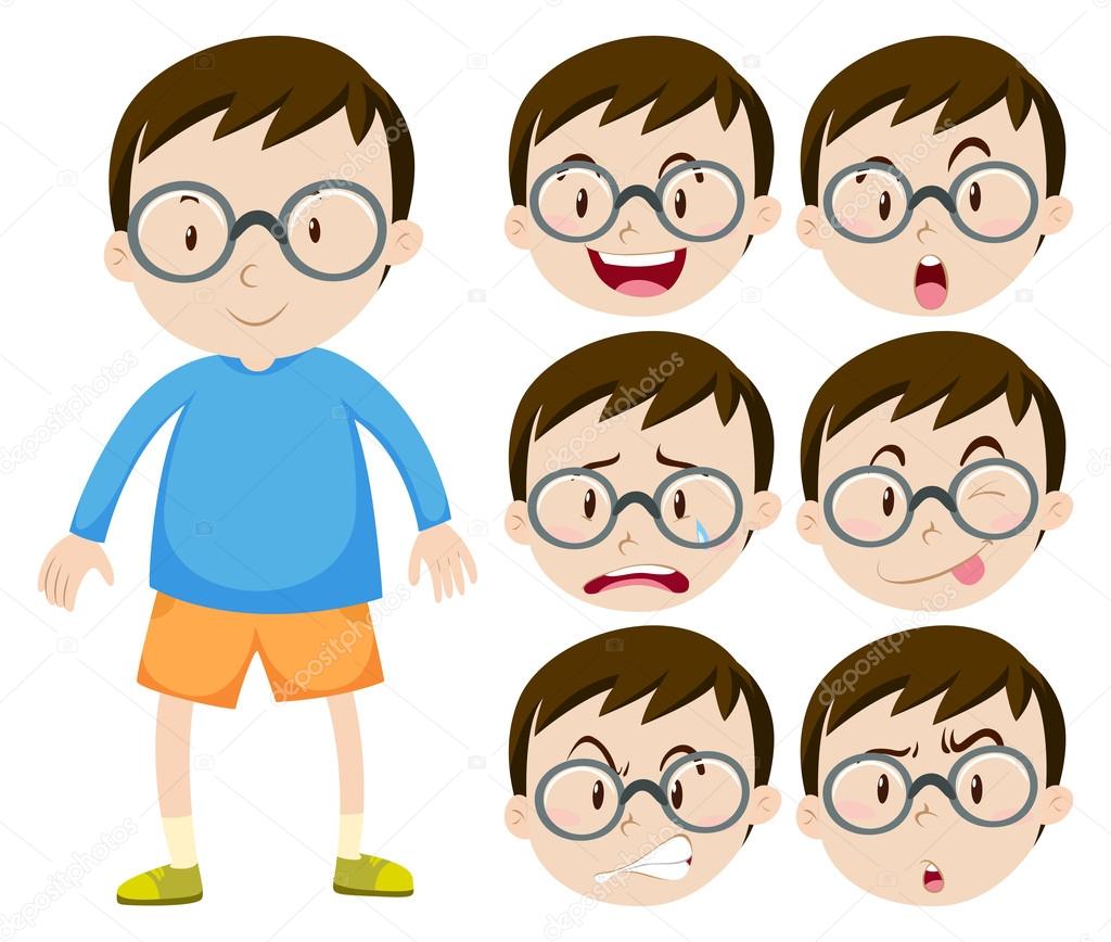Little boy with glasses and many facial expressions