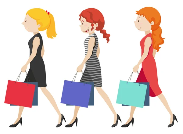 Tres mujeres caminando con bolsas de compras — Vector de stock