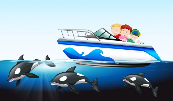 Enfants sur bateau et baleine sous l'eau — Image vectorielle