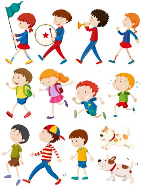 Boys and girls in many actions clipart