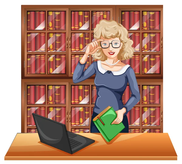 Nő a szemüveg a könyvtár — Stock Vector