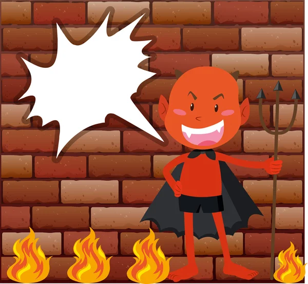 Diavolo e fuoco davanti al muro di mattoni — Vettoriale Stock