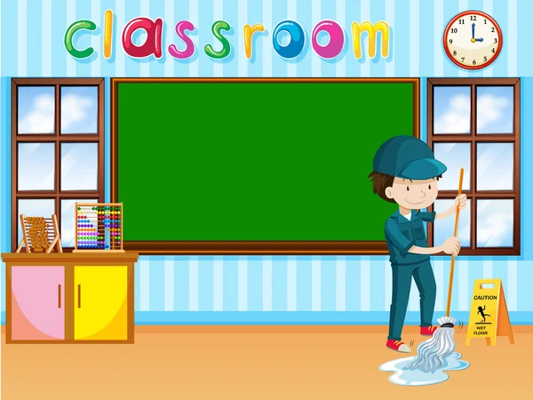 Janitor limpando a sala de aula — Vetor de Stock
