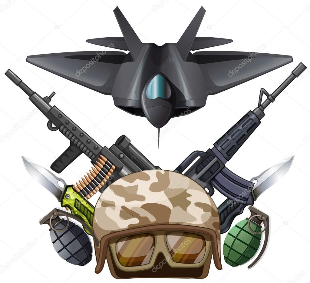 Many kind of weapons and fighting jet