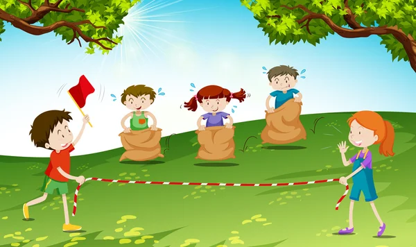 Crianças brincam de pular saco no parque — Vetor de Stock