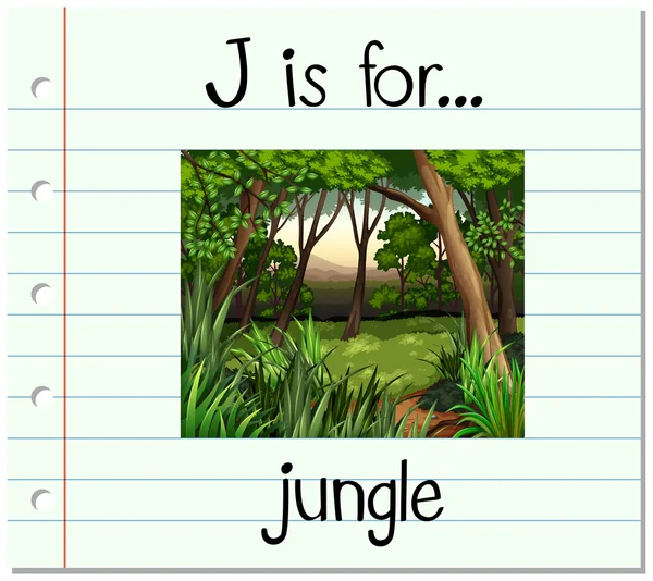 Flashcard bokstaven J är för djungeln — Stock vektor