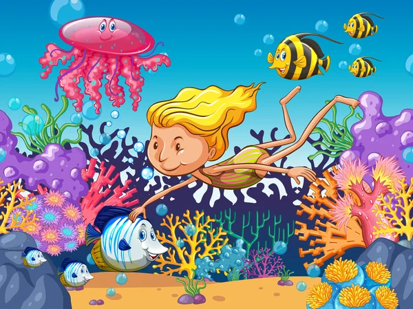Dziewczyna z zwierząt morskich podwodne pływanie — Wektor stockowy