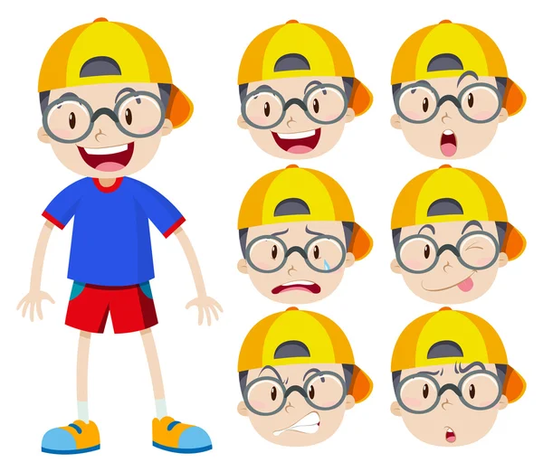 Boy with glasses with many expressions — Stock Vector