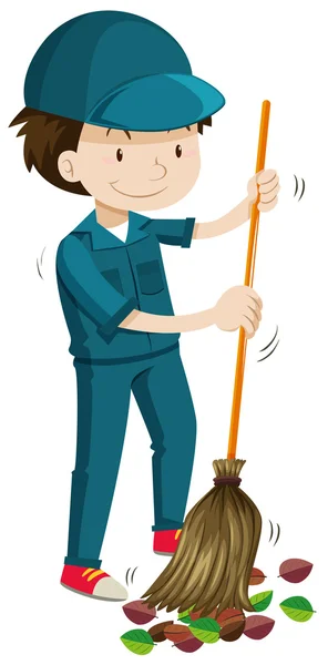 Janitor sweeping the fallen leaves — Stock Vector