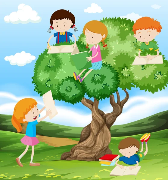 Children reading and writing in the park — Stock Vector