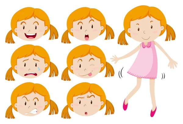 Girl in pink dress and different emotions — Stock Vector