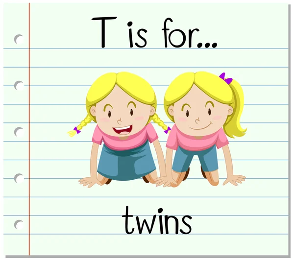 Flashcard letter T is voor twins — Stockvector