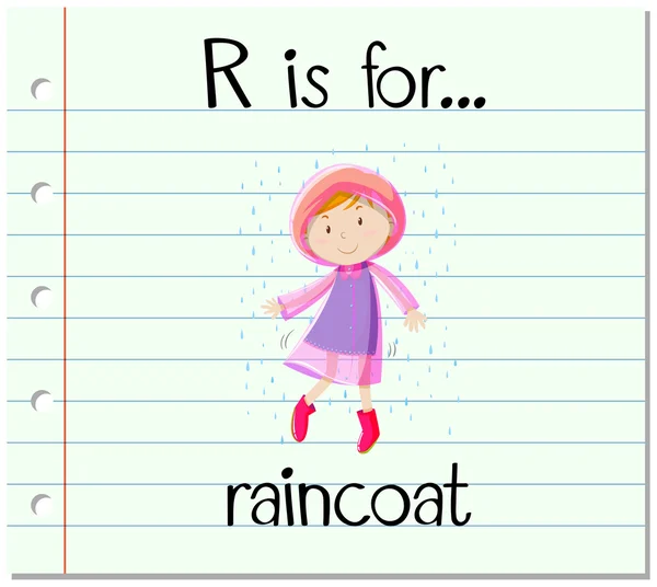 Flashcard bokstaven R är för regnrock — Stock vektor