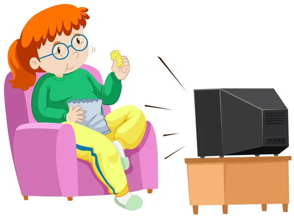 Mulher gorda comendo batatas fritas enquanto assiste TV —  Vetores de Stock