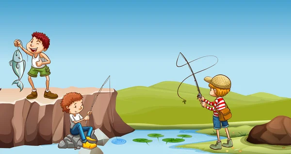 3 人の男の子が川で釣り — ストックベクタ