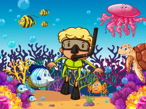 Dalgıç ve balık deniz altında