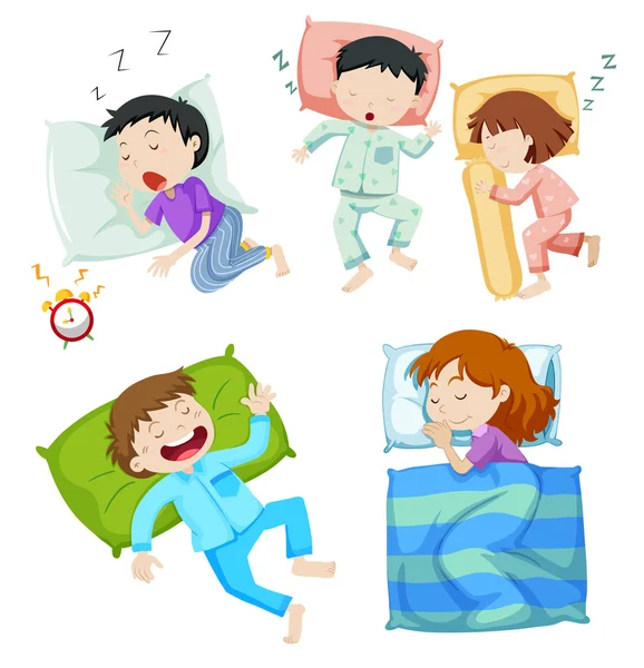 Boys and girls sleeping in bed — Stock Vector