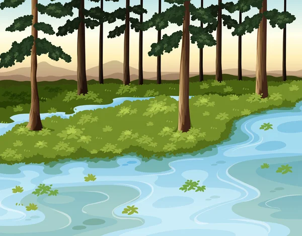 Escena natural con bosque y río — Vector de stock